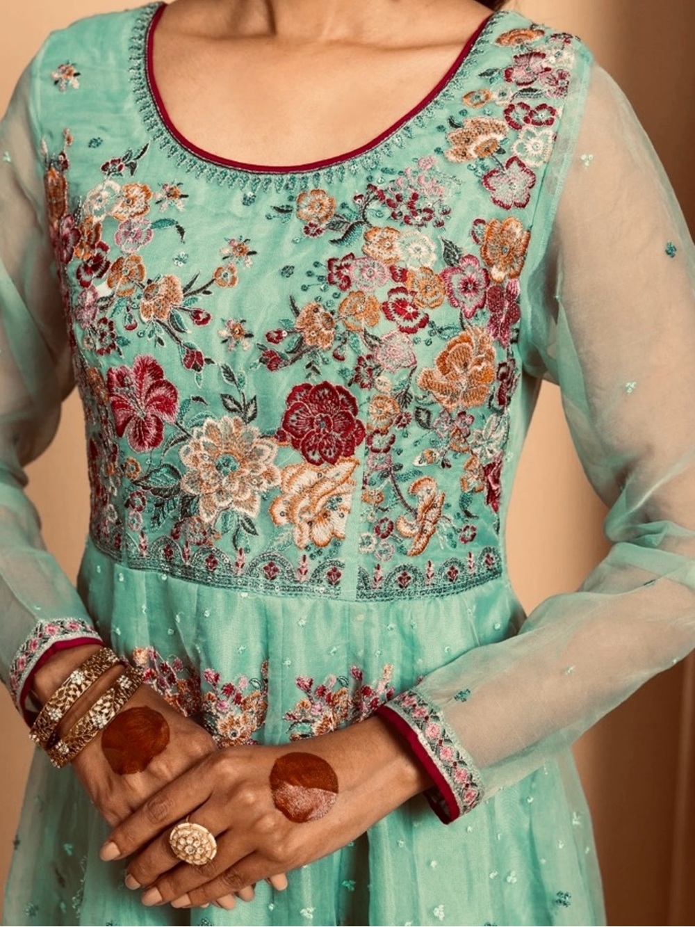 Ethnic Indian Wear Mint Green Embroidered Maxi Dress with Floral Accents